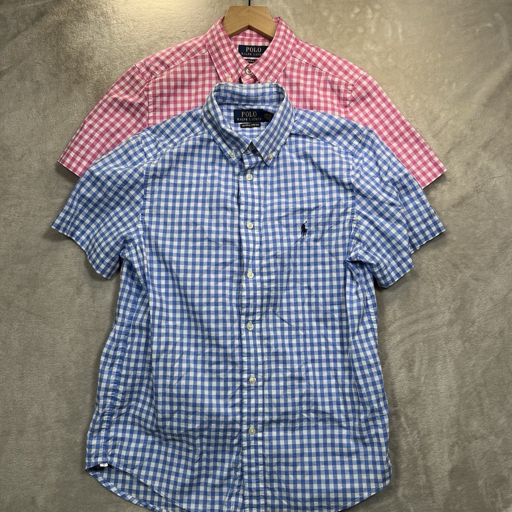 Polo Ralph Lauren Gingham Lotโ Of 2 Boy's Shirt 14-16 L Blue Pink White Cotton
